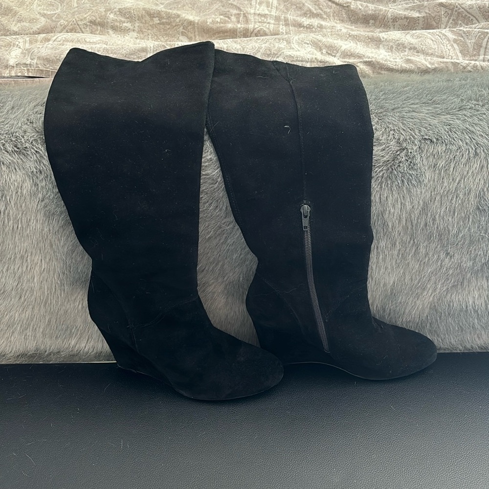BCBG black suede wedge long boots in good condition size 38